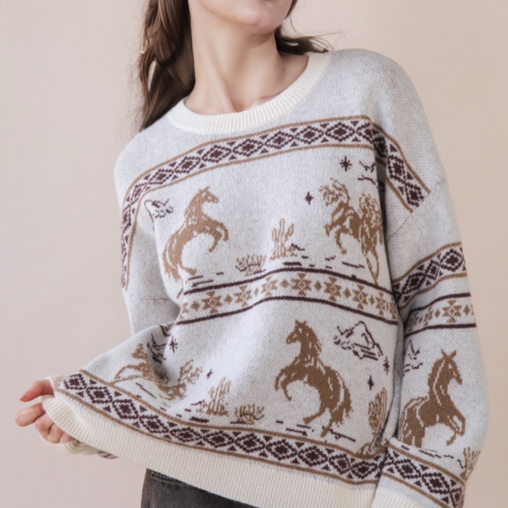 White and Brown Horse Pattern Sweater-NWT - Picture 3 of 4